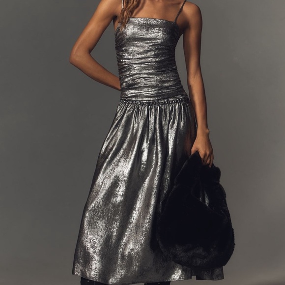 La Maise- NWT Metallic Silver Ruched Dropwaist Midi Foil Dress - Picture 1 of 9